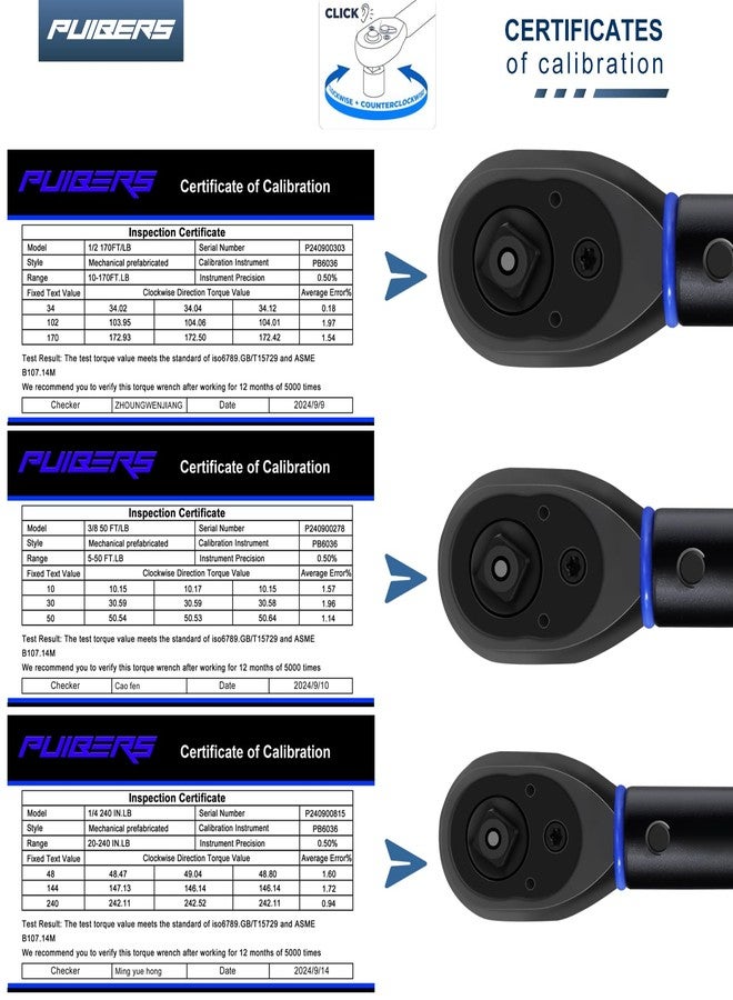 PUIBERS Torque Wrench Set 1/2 3/8 1/4 inch Drive Click, 3Pcs Torque Wrenches 10-170 FT.LB,5-50FT.LB,20-240IN.LB, Inch pound Torque Wrench with 3 Pcs Adapter for Bike,Car, Truck,Tractor - Image 3