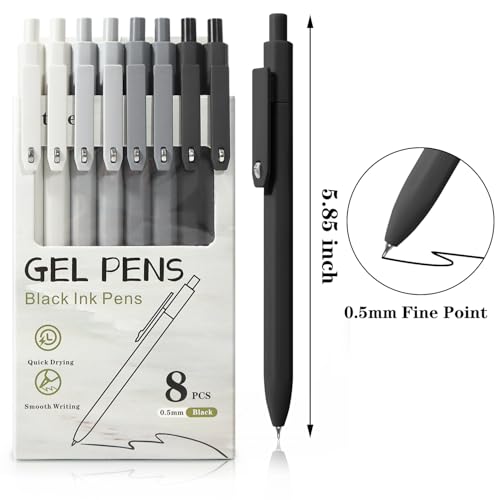 Piochoo Black Gel Pens, 8Pcs Fine Point Black Ink Smooth Writing Pens for Journaling, Nurse Aesthetic Cute Office School Supplies, Gifts for Women and Men(8Pcs Black White Grey-Black Ink) - Image 2