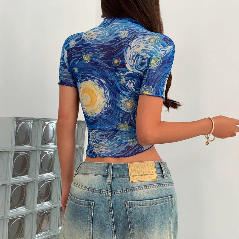 Women's Blue Printed Short Sleeve Half High Neck Mesh T-Shirt - Image 2