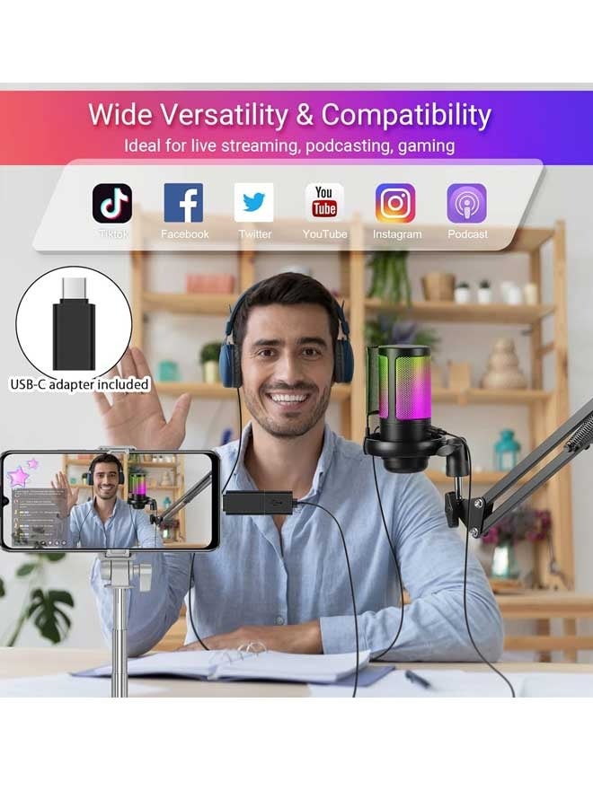 عام ميكروفون ألعاب USB للكمبيوتر الشخصي مع ضوء RGB. ميكروفون مكثف مع زر كتم الصوت، التحكم في مستوى الصوت، مقبس سماعة الرأس 3.5 ملم. متوافق مع النافذة (أسود مع ذراع ذراع الرافعة) - Image 5