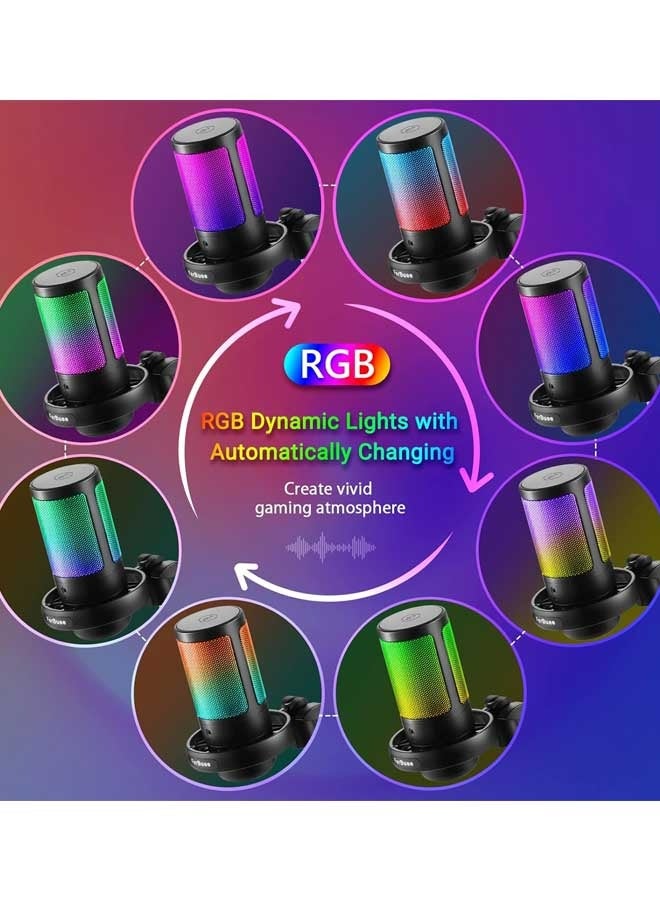 عام ميكروفون ألعاب USB للكمبيوتر الشخصي مع ضوء RGB. ميكروفون مكثف مع زر كتم الصوت، التحكم في مستوى الصوت، مقبس سماعة الرأس 3.5 ملم. متوافق مع النافذة (أسود مع ذراع ذراع الرافعة) - Image 2