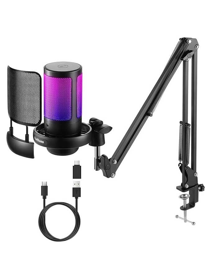 عام ميكروفون ألعاب USB للكمبيوتر الشخصي مع ضوء RGB. ميكروفون مكثف مع زر كتم الصوت، التحكم في مستوى الصوت، مقبس سماعة الرأس 3.5 ملم. متوافق مع النافذة (أسود مع ذراع ذراع الرافعة) - Image 1