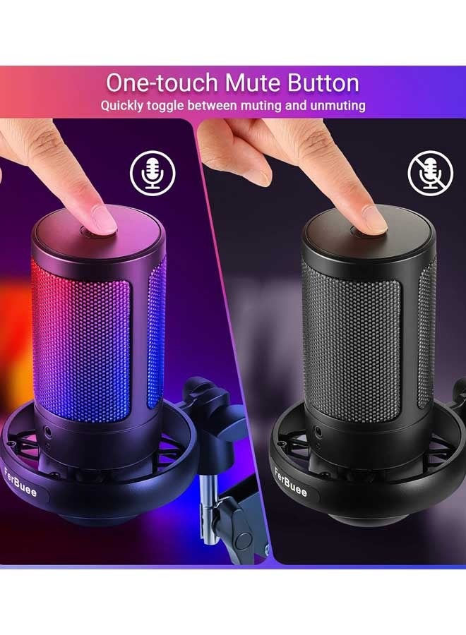 عام ميكروفون ألعاب USB للكمبيوتر الشخصي مع ضوء RGB. ميكروفون مكثف مع زر كتم الصوت، التحكم في مستوى الصوت، مقبس سماعة الرأس 3.5 ملم. متوافق مع النافذة (أسود مع ذراع ذراع الرافعة) - Image 3