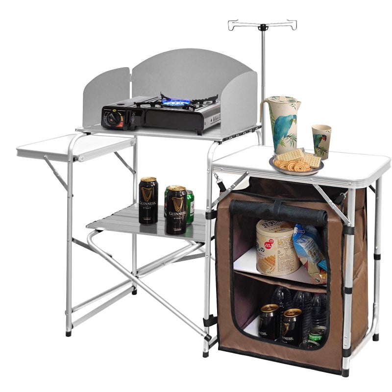 CampLand CampLand Folding Cooking Table Outdoor Portable Cook Station Aluminum Camping Kitchen with Storage Organizer Windscreen Hooks for BBQ Party 