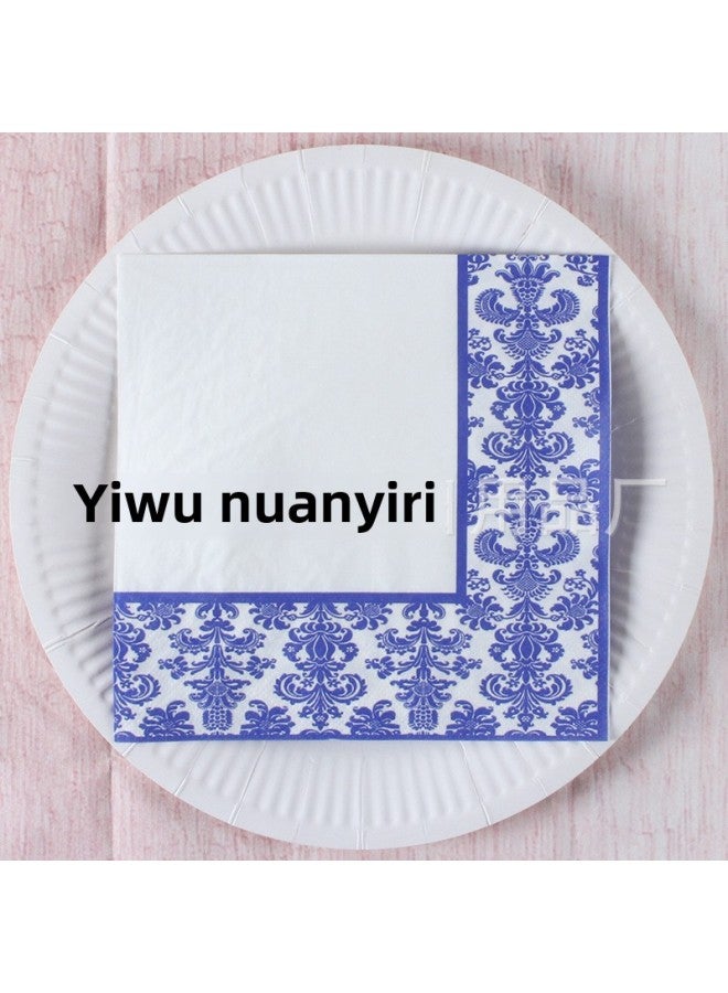 Printed Square Paper Party Decoration Vintage Napkin Household Napkin Western Restaurant Holiday Tableware Paper Towel-Color:Monochrome Printing-Specifications:Blue 7-20 Pictures - Image 1