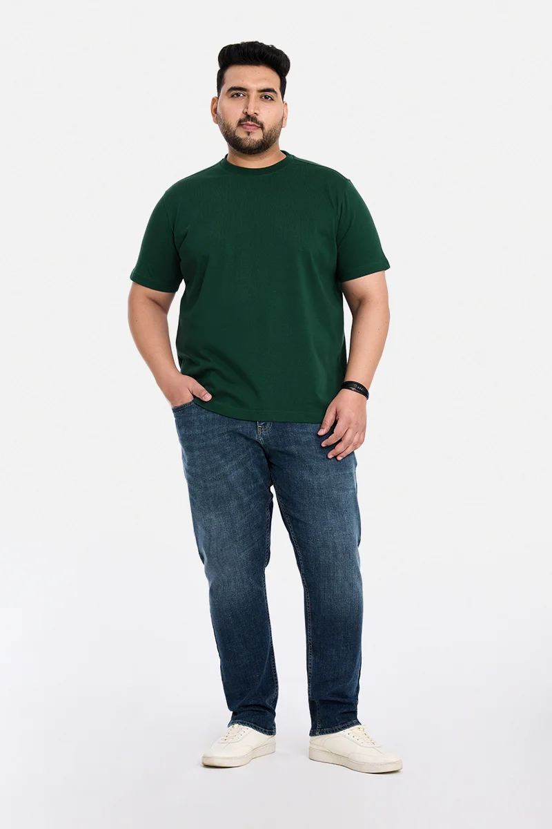 SNITCH Dark Green Solid Regular Fit Casual Plus Size T-Shirt