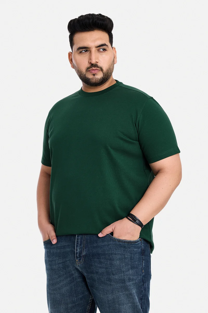SNITCH Dark Green Solid Regular Fit Casual Plus Size T-Shirt