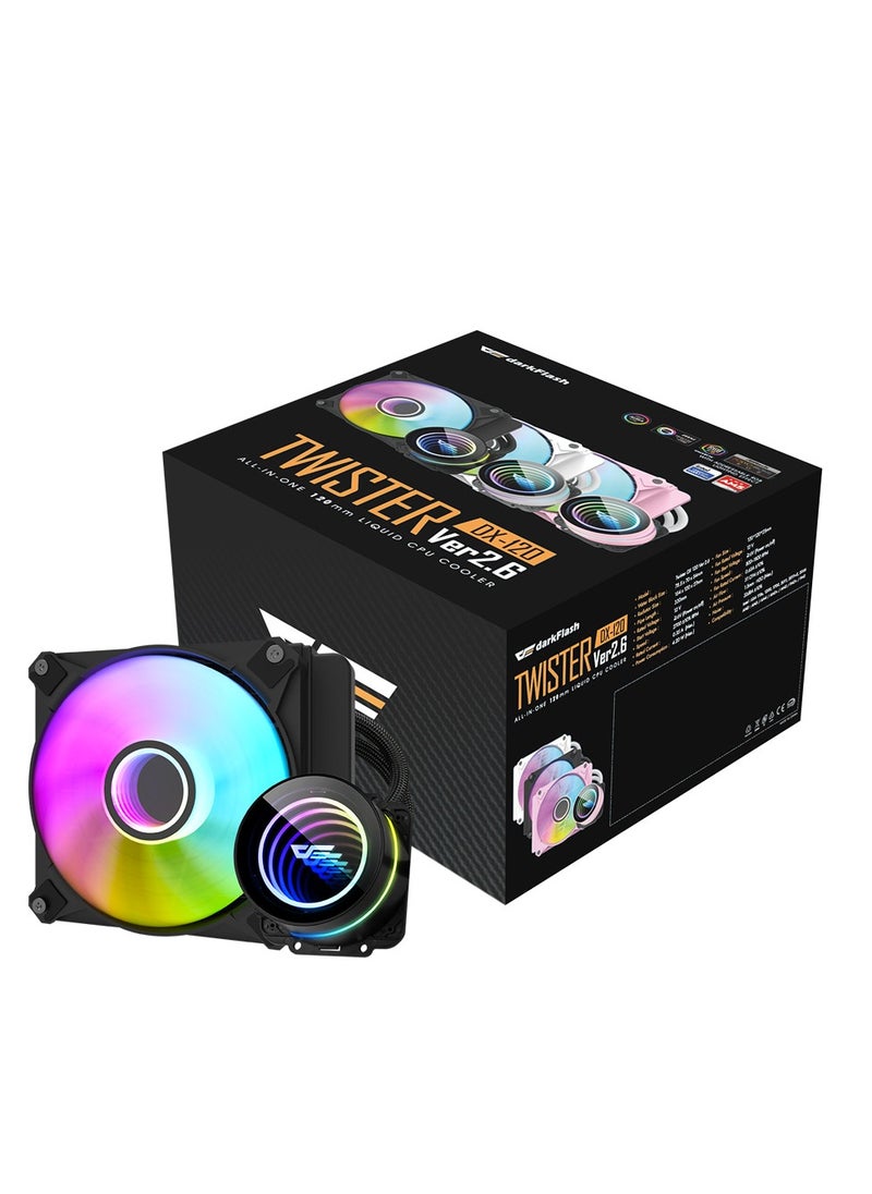 DarkFlash - Darkflash Twister DX120 V2.6 ARG CPU Liquid Cooler, Latest Intel 1700 & AMD5 Support, 1800 RPM, Water Pump Infinity Mirror With 360 Degree Rotation, Low Noise 32dba - Image 1