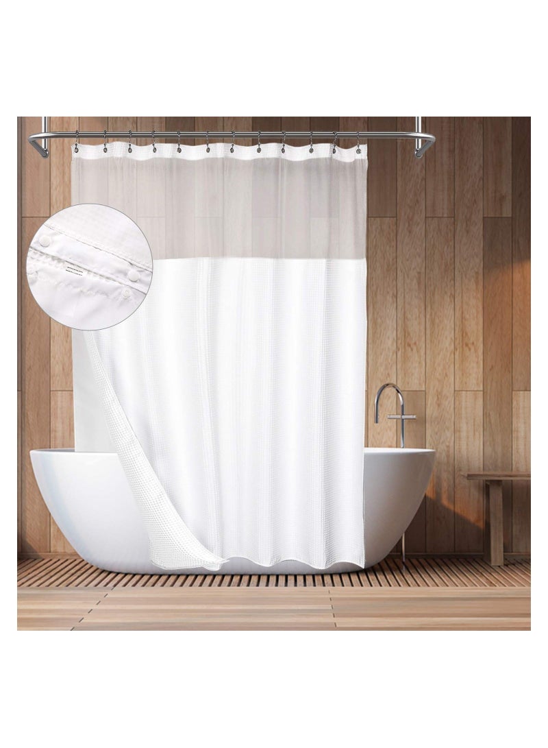 Hotel Style Cotton Shower Curtain with Snap In Fabric Liner Mesh Window Top Honeycomb Waffle Weave Blend Washable White 72x71 Inches - Image 1