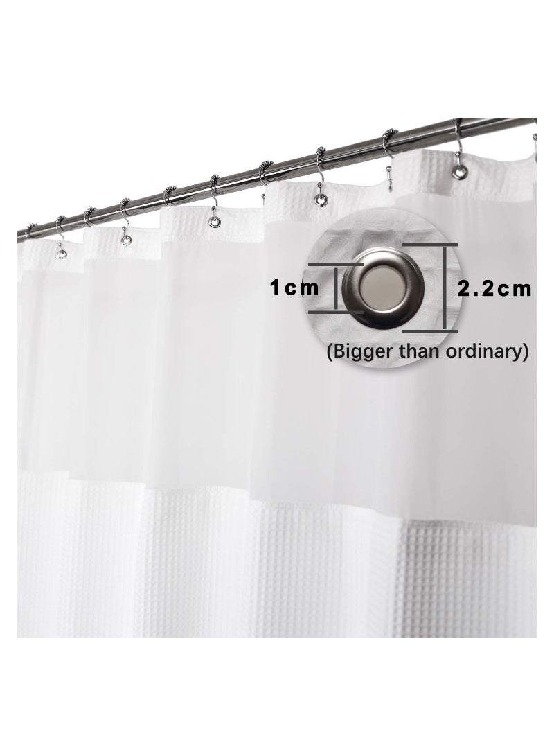 Hotel Style Cotton Shower Curtain with Snap In Fabric Liner Mesh Window Top Honeycomb Waffle Weave Blend Washable White 72x71 Inches - Image 5