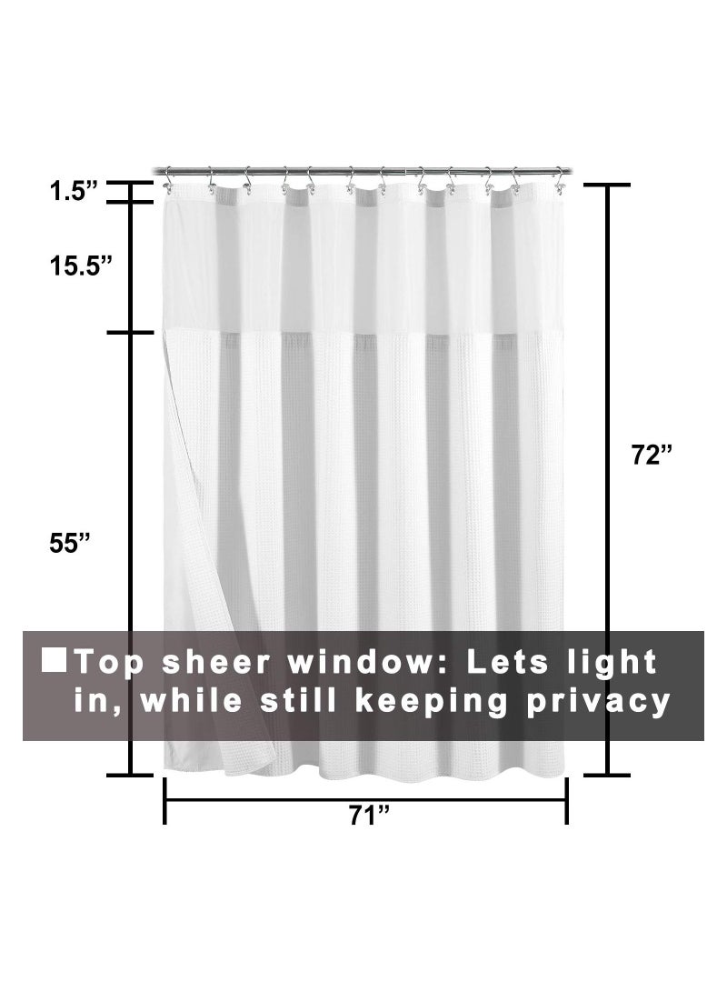 Hotel Style Cotton Shower Curtain with Snap In Fabric Liner Mesh Window Top Honeycomb Waffle Weave Blend Washable White 72x71 Inches - Image 4
