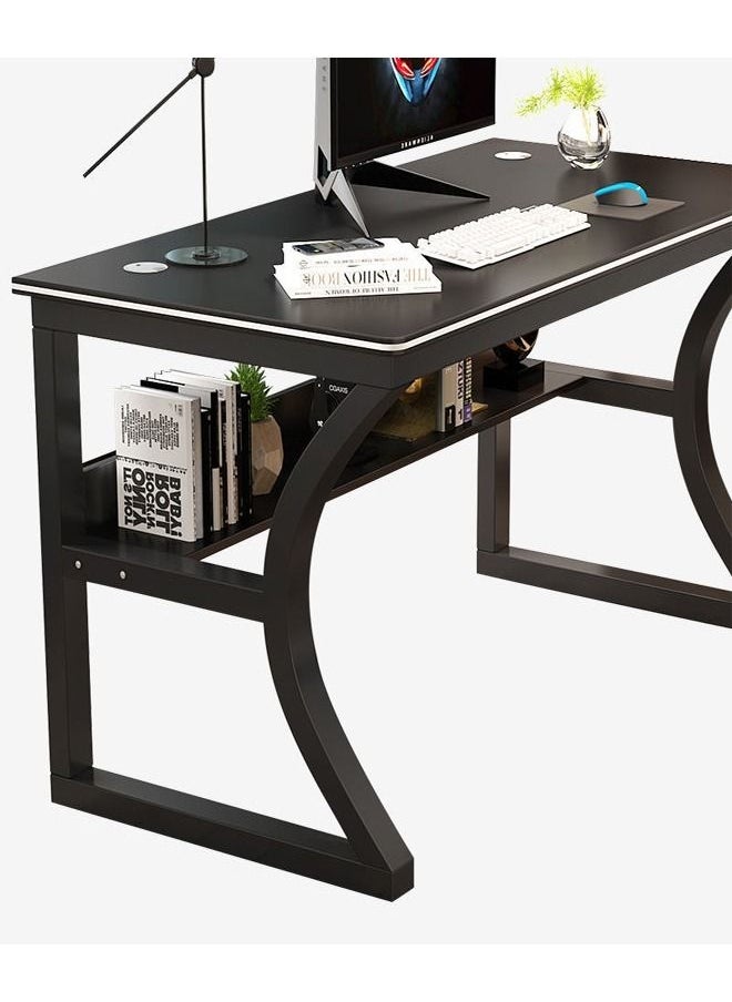 fashionhome - Modern Style Multipurpose Steel Frame Study and Computer Stabilized Desk Table With Bookshelf Bottom Storage Shelf and Double Cable Hole for Electronic Accessories For Home and Office Furniture 100x50x75 cm - Image 1