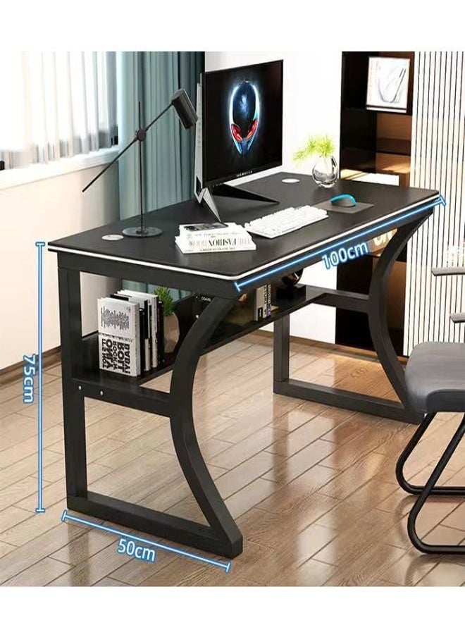 fashionhome - Modern Style Multipurpose Steel Frame Study and Computer Stabilized Desk Table With Bookshelf Bottom Storage Shelf and Double Cable Hole for Electronic Accessories For Home and Office Furniture 100x50x75 cm - Image 1