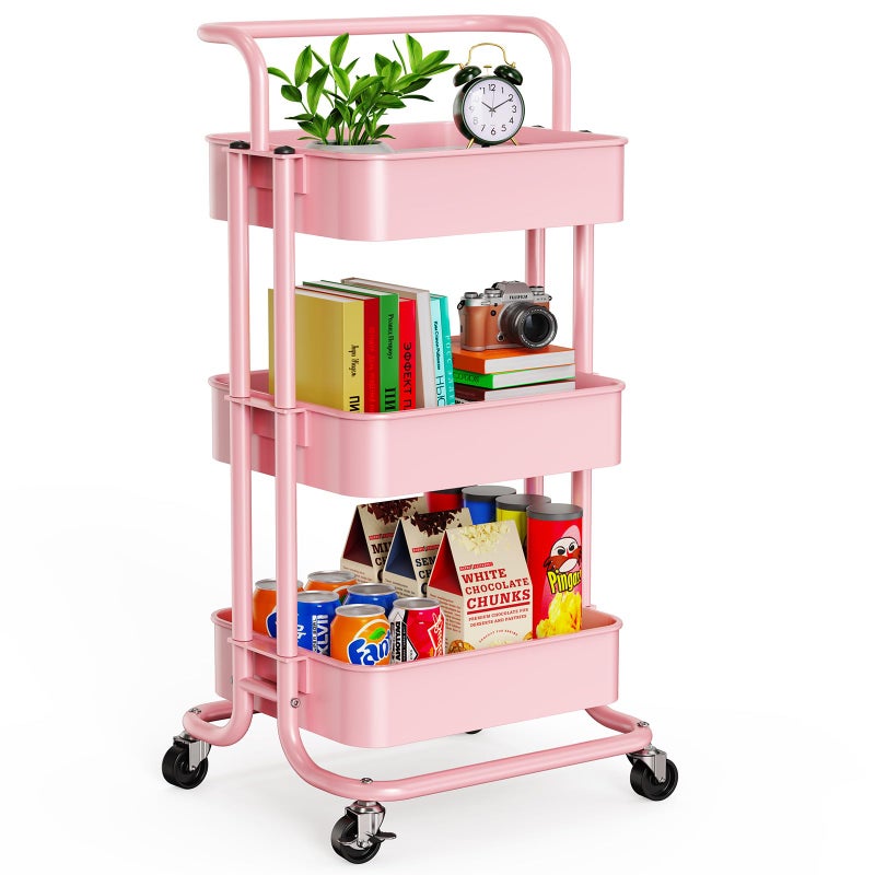 Pipishell 3 Tier Mesh Utility Cart Rolling Metal Organization Cart with Handle and Lockable Wheels Multifunctional Storage Shelves for Kitchen Living Room Office Pink