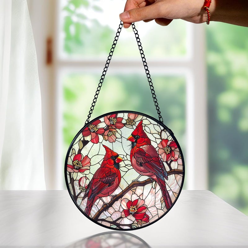 FUGWN Cardinal Bird Stained Glass Window Hanging, Red Cardinal Flower Sun Catchers Indoor Window Round Glass Wall Art Decor, Bird Suncatcher Wall Hanging Decorations, Gardening & Lawn Care - Image 3