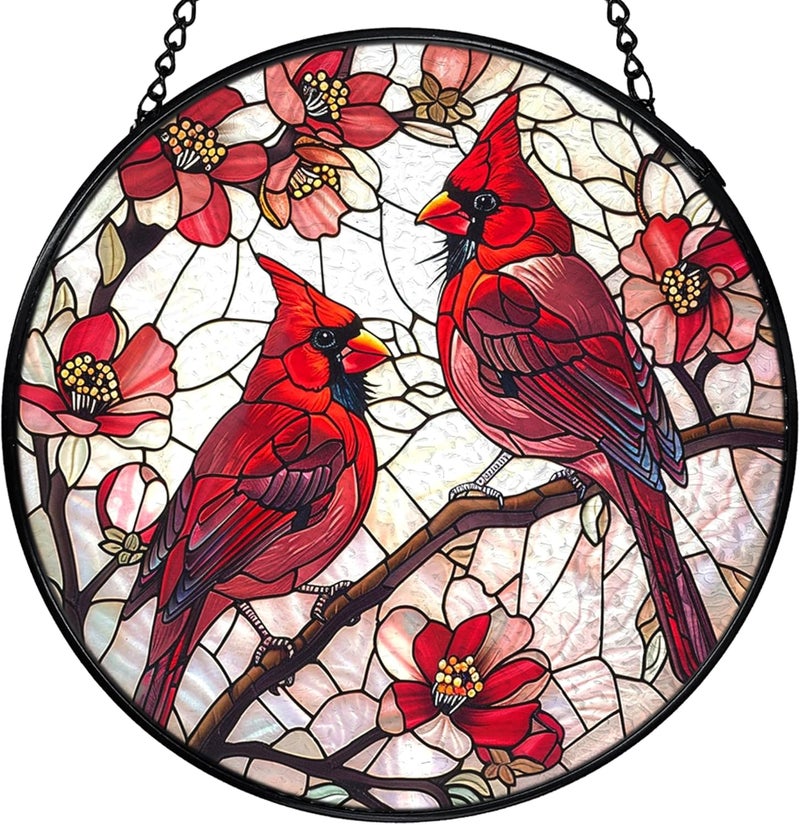 FUGWN Cardinal Bird Stained Glass Window Hanging, Red Cardinal Flower Sun Catchers Indoor Window Round Glass Wall Art Decor, Bird Suncatcher Wall Hanging Decorations, Gardening & Lawn Care - Image 1