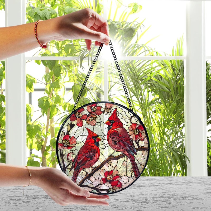 FUGWN Cardinal Bird Stained Glass Window Hanging, Red Cardinal Flower Sun Catchers Indoor Window Round Glass Wall Art Decor, Bird Suncatcher Wall Hanging Decorations, Gardening & Lawn Care - Image 5