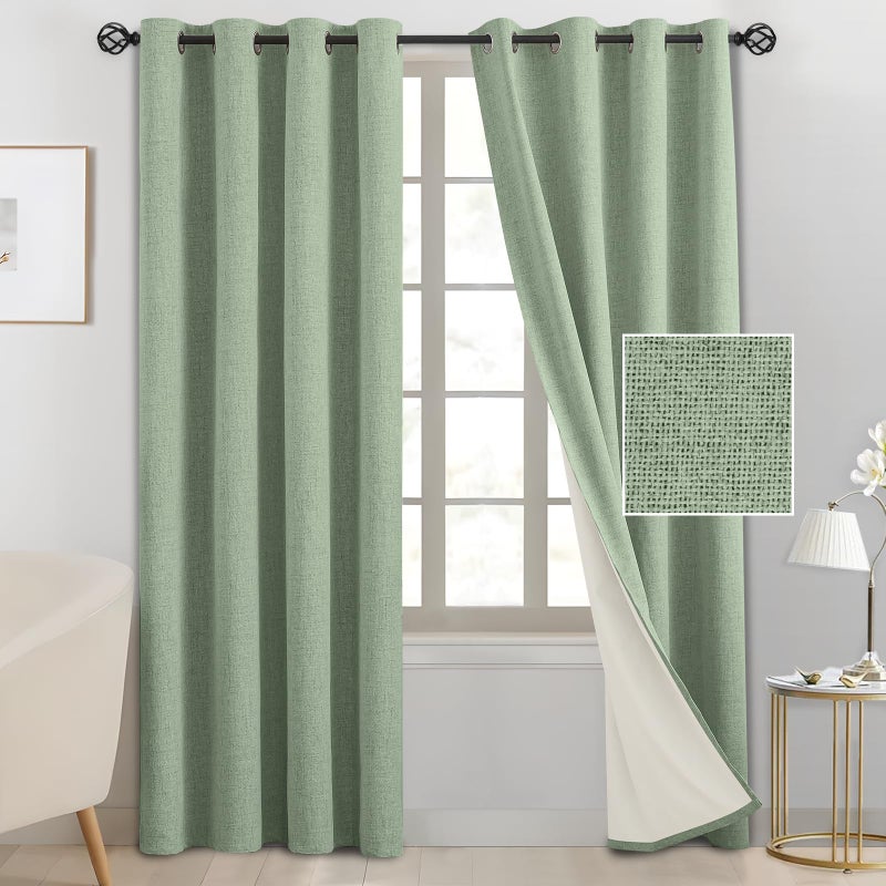 SimpleHome 100% Blackout Light Sage Green Linen Curtains 84 Inch Long 2 Panel Set,Faux Linen Textured for Living Room with White Liner Grommet Curtains for Bedroom - Image 1