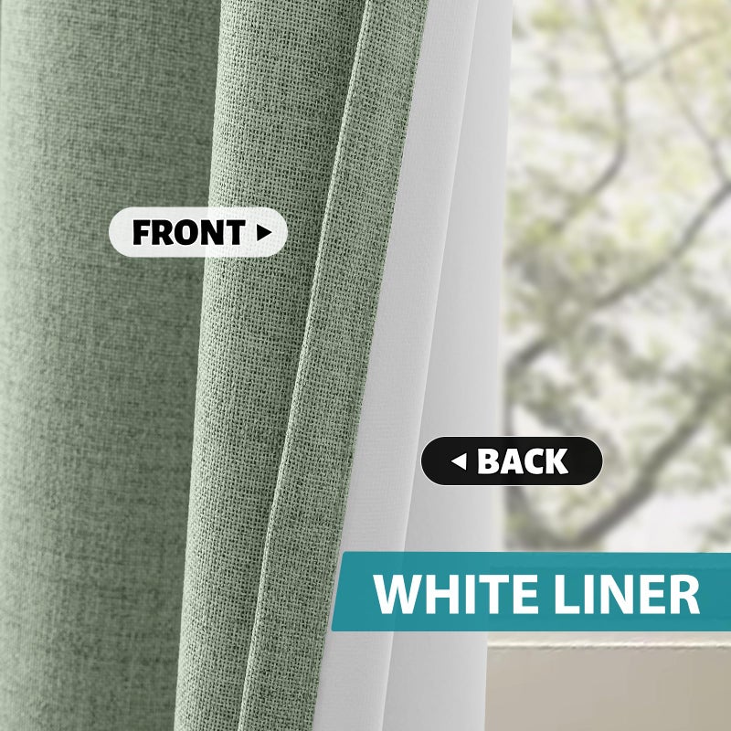 SimpleHome 100% Blackout Light Sage Green Linen Curtains 84 Inch Long 2 Panel Set,Faux Linen Textured for Living Room with White Liner Grommet Curtains for Bedroom - Image 3