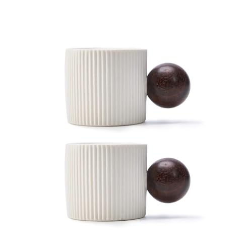 CLASGLAZ Ceramic Mini Espresso Cups Demitasse Cups with Round Wooden Handle Vertical Stripes Tea Cups (white, 2pcs) - Image 1
