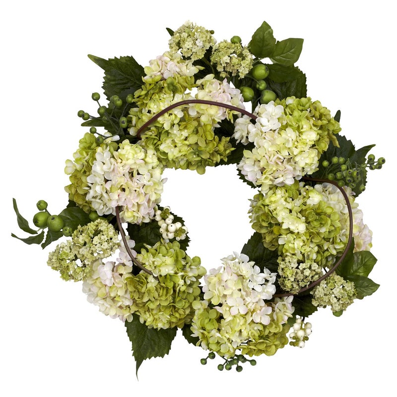 Nearly Natural 4780 Hydrangea Wreath, 22-Inch, Cream/Green - Image 1