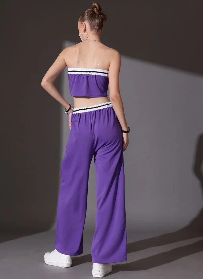STREET 9 Purple Off Shoulder Top With Flared Trousers For Women