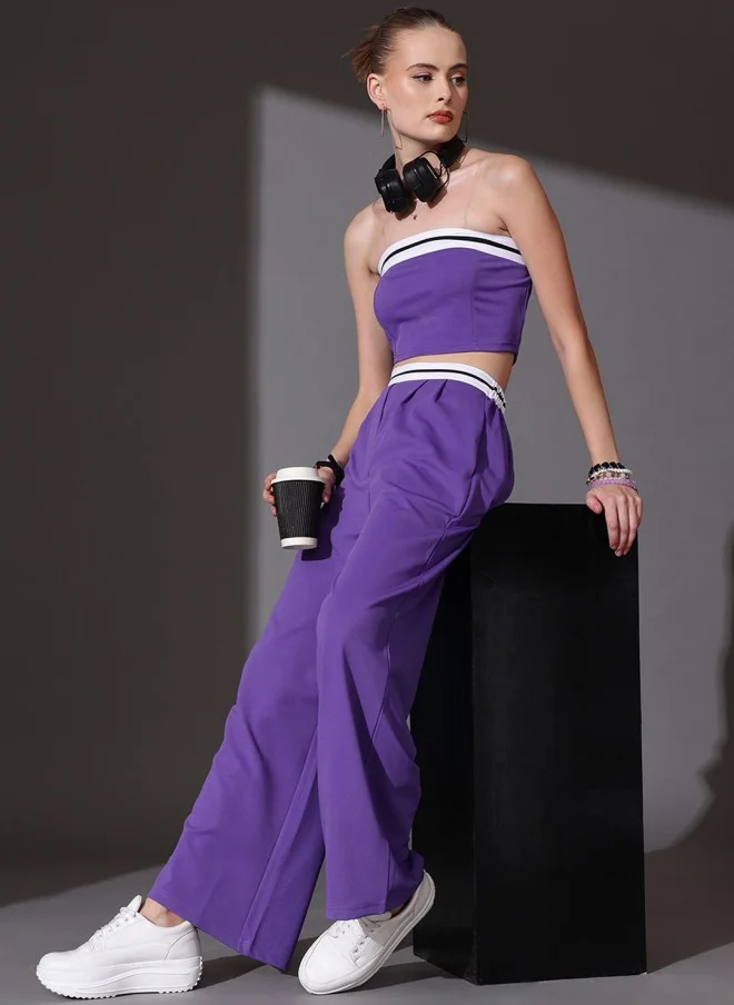 STREET 9 Purple Off Shoulder Top With Flared Trousers For Women
