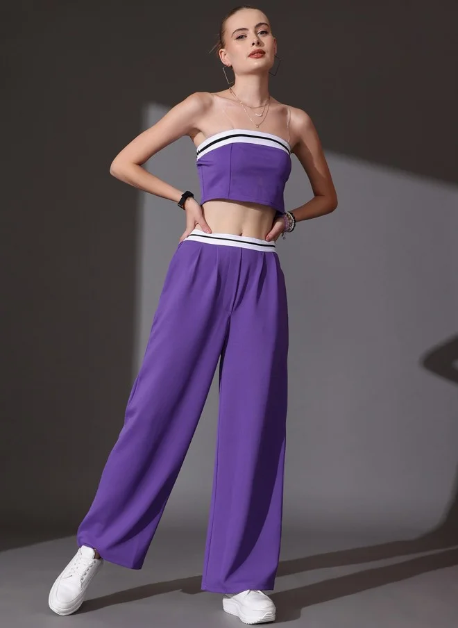 STREET 9 Purple Off Shoulder Top With Flared Trousers For Women