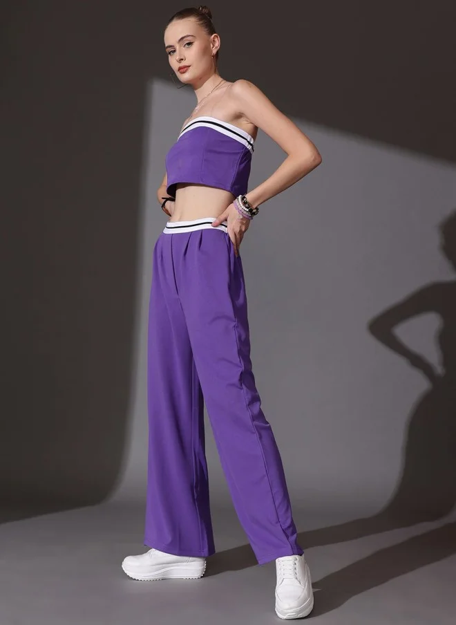 STREET 9 Purple Off Shoulder Top With Flared Trousers For Women
