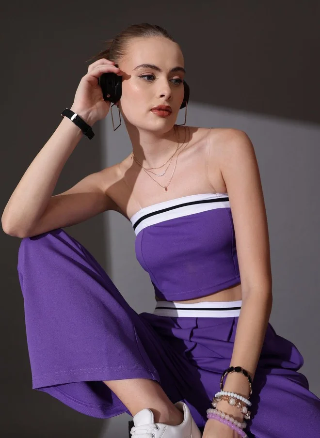 STREET 9 Purple Off Shoulder Top With Flared Trousers For Women