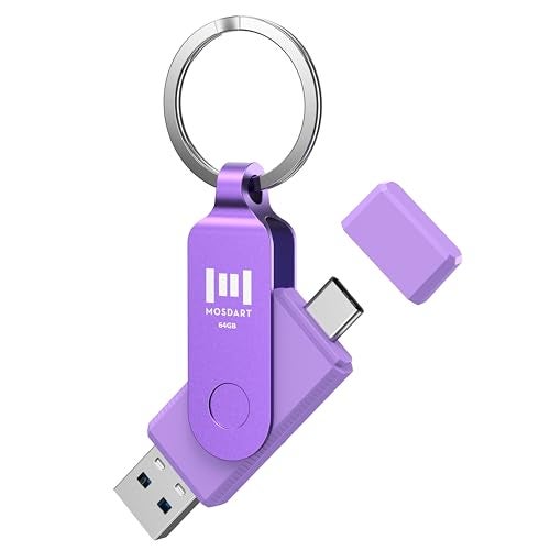 MOSDART 64GB USB C 3.2 Fast Speed C and A Dual Flash Drive, exFAT Memory Stick with Keychain and LED Indicator, for iPhone 15,16,17, Android Phone, iPad, MacBook, and Other Laptops, Purple - Image 1