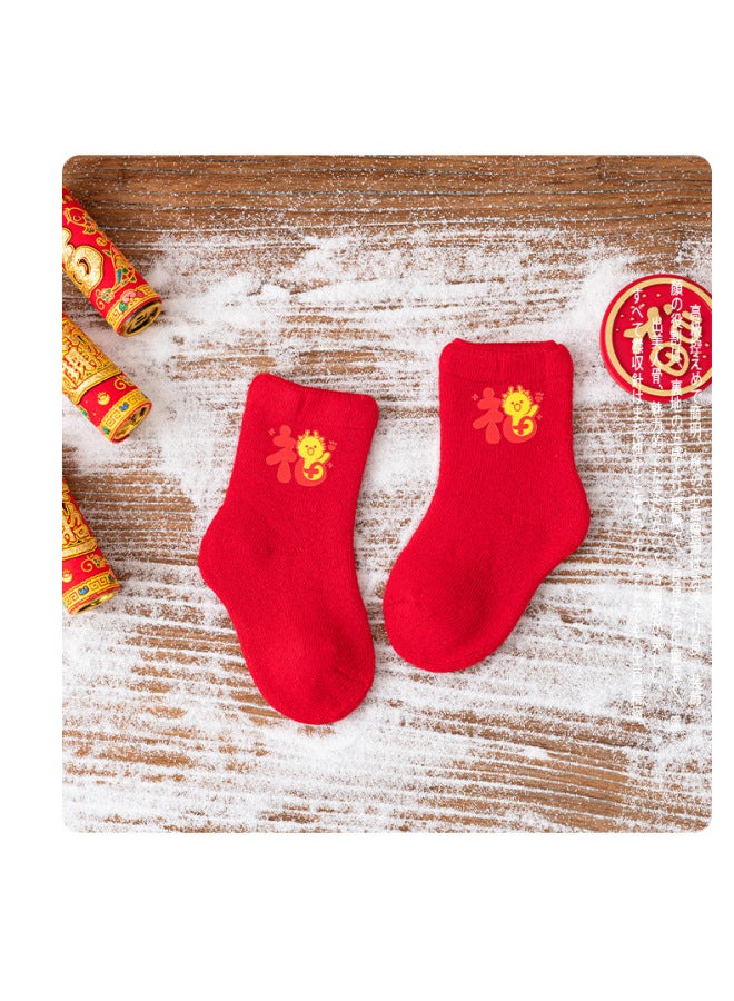 Newborn Baby Socks Autumn And Winter Fleece-lined Thick Red Terry New Year Socks Baby Warm Christmas Floor Socks