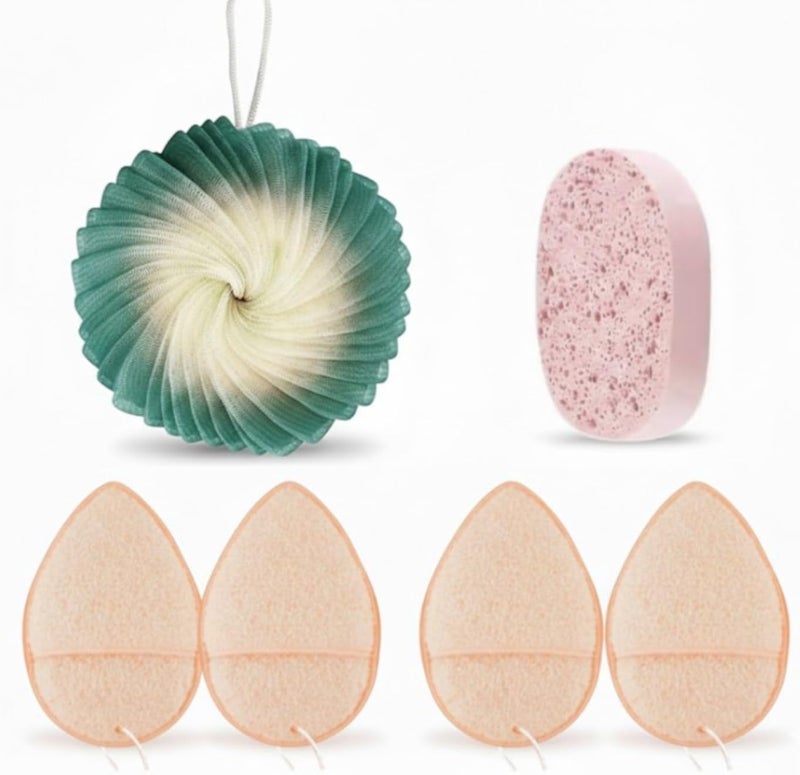 BATH SET - 1 PACK Bath Sponge Shower Loofah - 1PACK CELLULOSE CLEANSING MASK REMOVER SPONGE MAKEUP-4PCS Facial Sponge, Deep Pore Cleansing And Exfoliating Blackheads