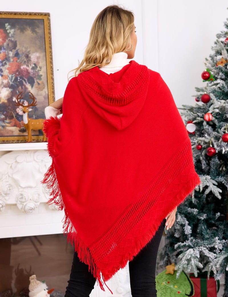 Ferand كاب هودي للسيدات من فيران مع حواف مهدبة، أنماط كروشيه للنساء، أحمر - Image 3