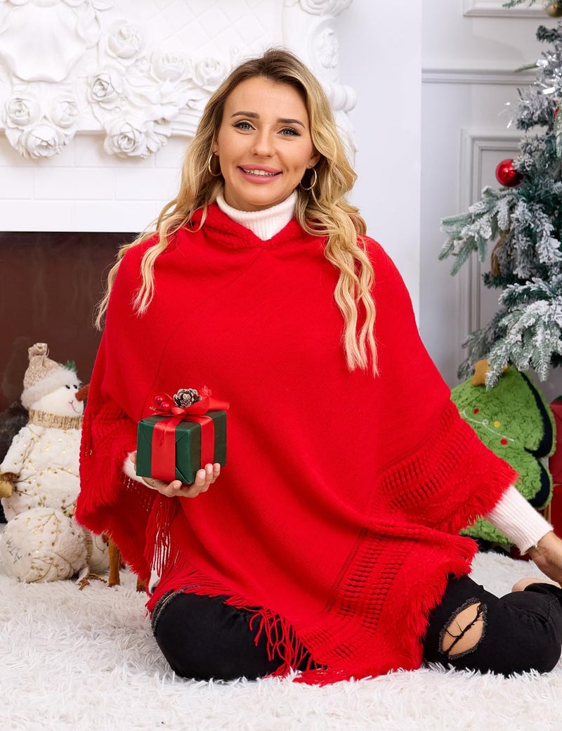 Ferand كاب هودي للسيدات من فيران مع حواف مهدبة، أنماط كروشيه للنساء، أحمر - Image 4