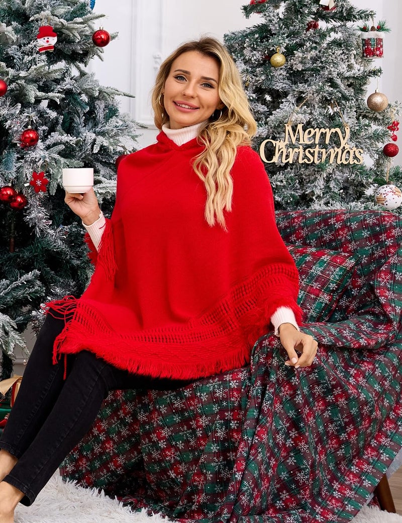 Ferand كاب هودي للسيدات من فيران مع حواف مهدبة، أنماط كروشيه للنساء، أحمر - Image 5