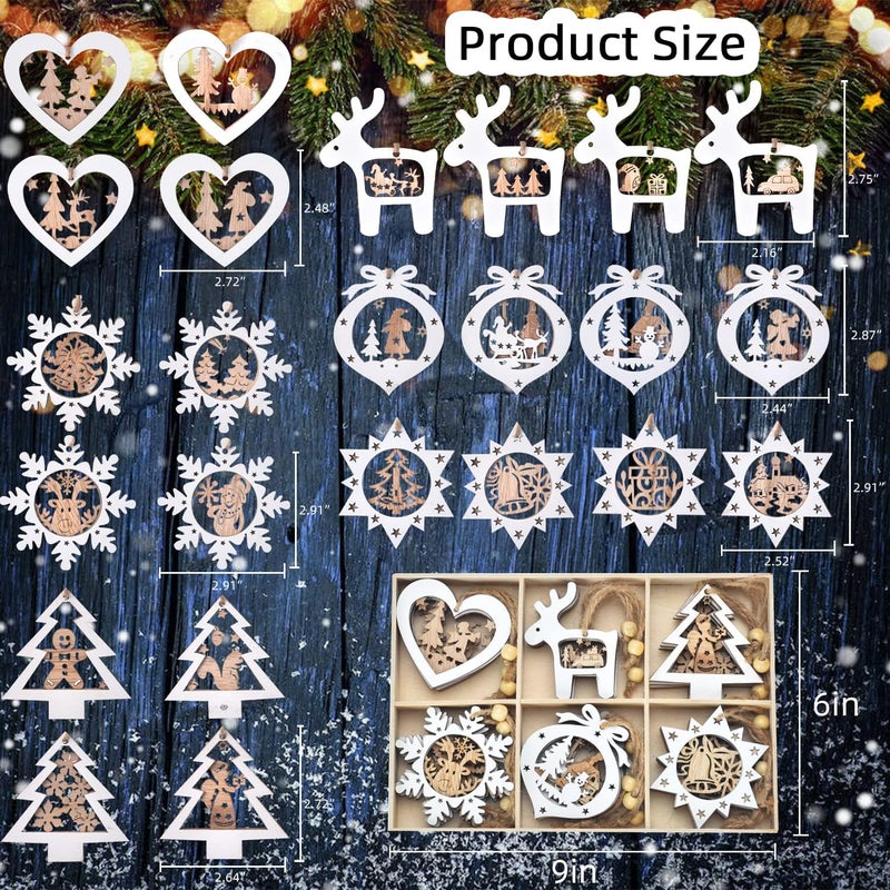 IDATOO Christmas Tree Ornaments Set of 24 Wooden Craved Hanging Craft Decorations for Winter Wonderland, 3D Rustic Farmhouse Christmas Ornaments Holiday Decor for Christmas Tree Home Office (White) - Image 4