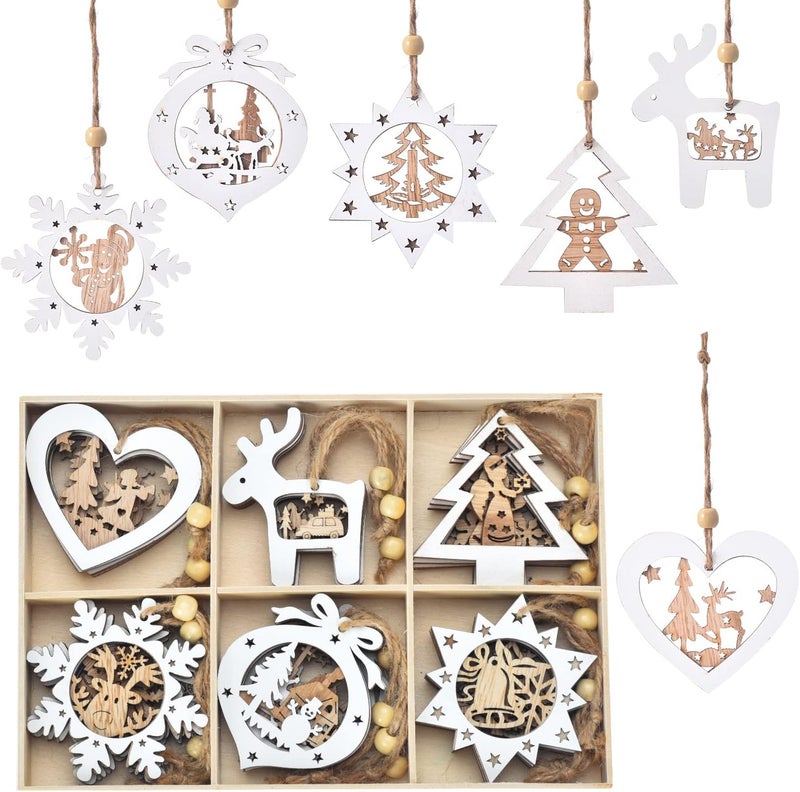 IDATOO Christmas Tree Ornaments Set of 24 Wooden Craved Hanging Craft Decorations for Winter Wonderland, 3D Rustic Farmhouse Christmas Ornaments Holiday Decor for Christmas Tree Home Office (White) - Image 1