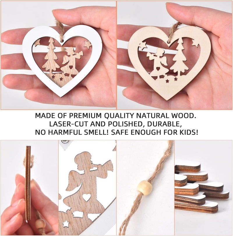 IDATOO Christmas Tree Ornaments Set of 24 Wooden Craved Hanging Craft Decorations for Winter Wonderland, 3D Rustic Farmhouse Christmas Ornaments Holiday Decor for Christmas Tree Home Office (White) - Image 3