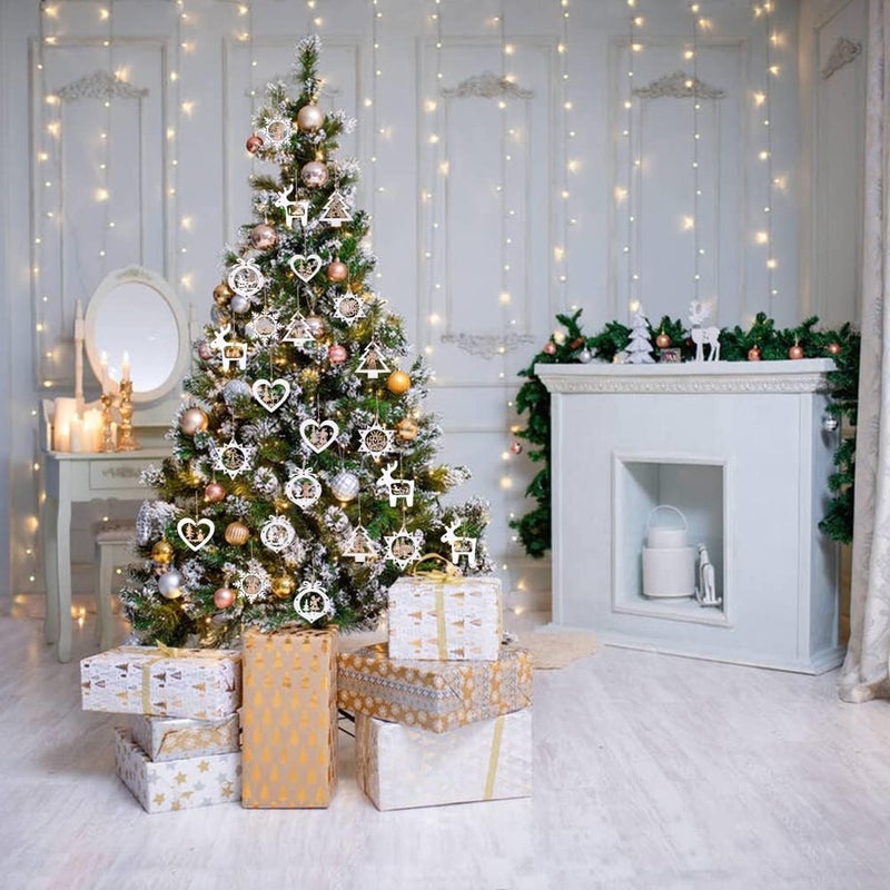 IDATOO Christmas Tree Ornaments Set of 24 Wooden Craved Hanging Craft Decorations for Winter Wonderland, 3D Rustic Farmhouse Christmas Ornaments Holiday Decor for Christmas Tree Home Office (White) - Image 2