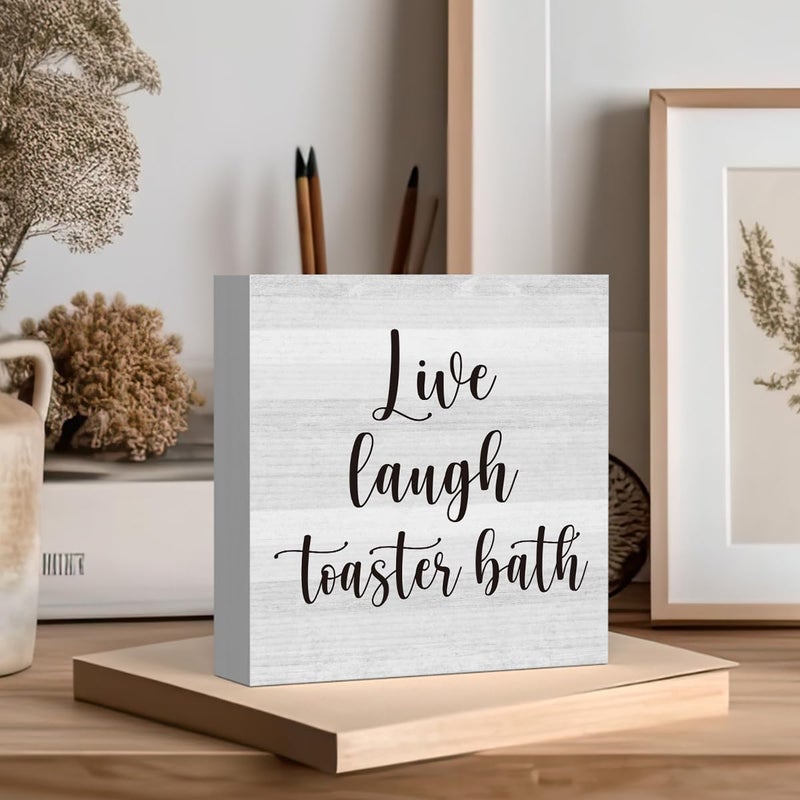 Zopedia Live Laugh Toaster Bath Sign 5 X 5 Inches Rustic Funny Bathroom Decor Wood Plaque Block Signs Gift Home Office Desk Accessories Cubicle Shelf Farmhouse Square Desk Decor Sign - Image 4