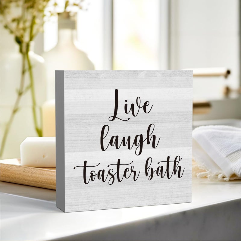 Zopedia Live Laugh Toaster Bath Sign 5 X 5 Inches Rustic Funny Bathroom Decor Wood Plaque Block Signs Gift Home Office Desk Accessories Cubicle Shelf Farmhouse Square Desk Decor Sign - Image 3