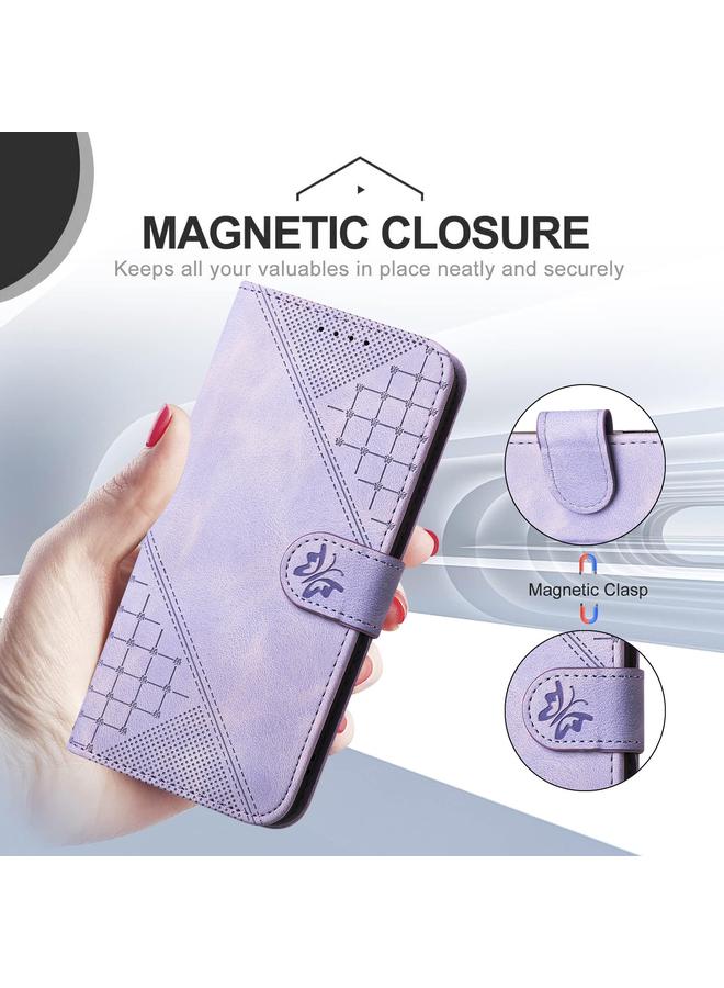 S-TOP Case For Samsung Galaxy M33 5G Global YX0080 Grid Butterfly Embossed Pattern Flip Leather Phone Case with Lanyard - Image 5