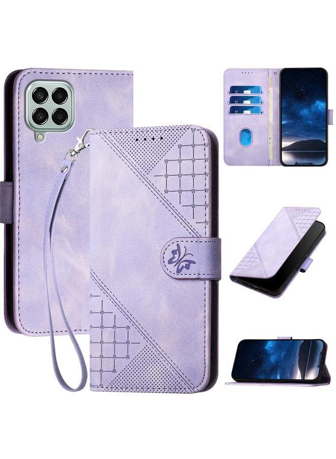 S-TOP Case For Samsung Galaxy M33 5G Global YX0080 Grid Butterfly Embossed Pattern Flip Leather Phone Case with Lanyard - Image 1