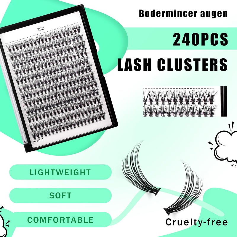 Bodermincer 10D/20D/30D/40D/50D Cluster to Choose Large Tray 240pcs D Curl Individual Cluster Eyelashes False Eyelashes Extension Individual Eyelash Bunche Lash Cluster DIY at Home (20D-14mm) - Image 2