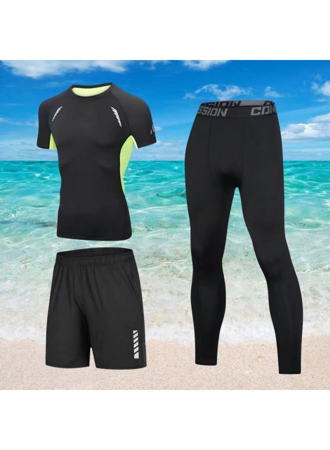 Generic Swimming Trunks Men's Adult Swimsuit Men's Summer Quick-drying Sunscreen Long-sleeved Split Beach Surfing Floating Diving Suit-Color:Green Mesh Short Sleeves + Reflective Shorts + Black Tight Trousers-Size:M 【 50-60kg 】  - Image 1