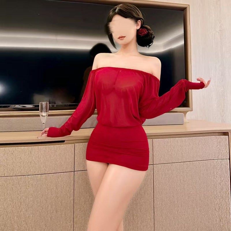 Plus Size Korean-Style Mesh Detail Short Dress with Off-Shoulder Batwing Sleeves