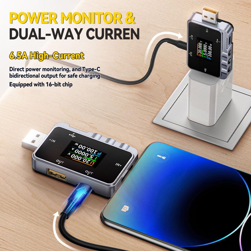 FNIRSI FNAC-28 فاحص USB ملقي طاقة USB-C 4-24 فولت 0-6.5 أمبير LCD فاحص جهد وتيار وطاقة USB A و C اكتشاف الشحن السريع قياس السعة PD2.0/3.0 QC2.0/3.0 - Image 5