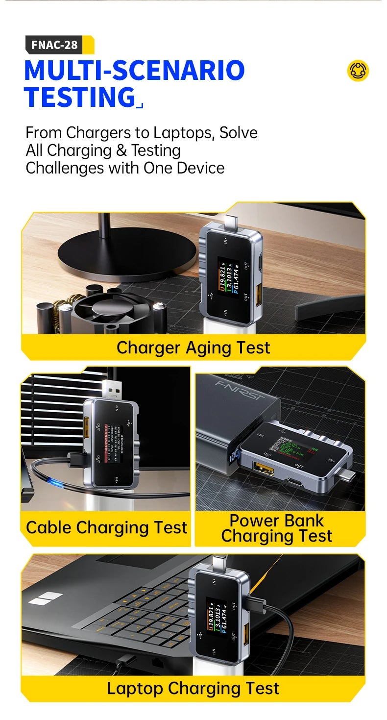 FNIRSI FNAC-28 فاحص USB ملقي طاقة USB-C 4-24 فولت 0-6.5 أمبير LCD فاحص جهد وتيار وطاقة USB A و C اكتشاف الشحن السريع قياس السعة PD2.0/3.0 QC2.0/3.0 - Image 2
