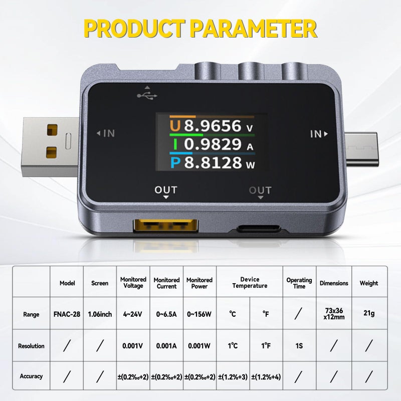 FNIRSI FNAC-28 فاحص USB ملقي طاقة USB-C 4-24 فولت 0-6.5 أمبير LCD فاحص جهد وتيار وطاقة USB A و C اكتشاف الشحن السريع قياس السعة PD2.0/3.0 QC2.0/3.0 - Image 3